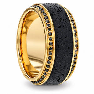 HYPERION 10K yellow gold wedding band with porous lava inlay and black diamond edges, three-quarter view