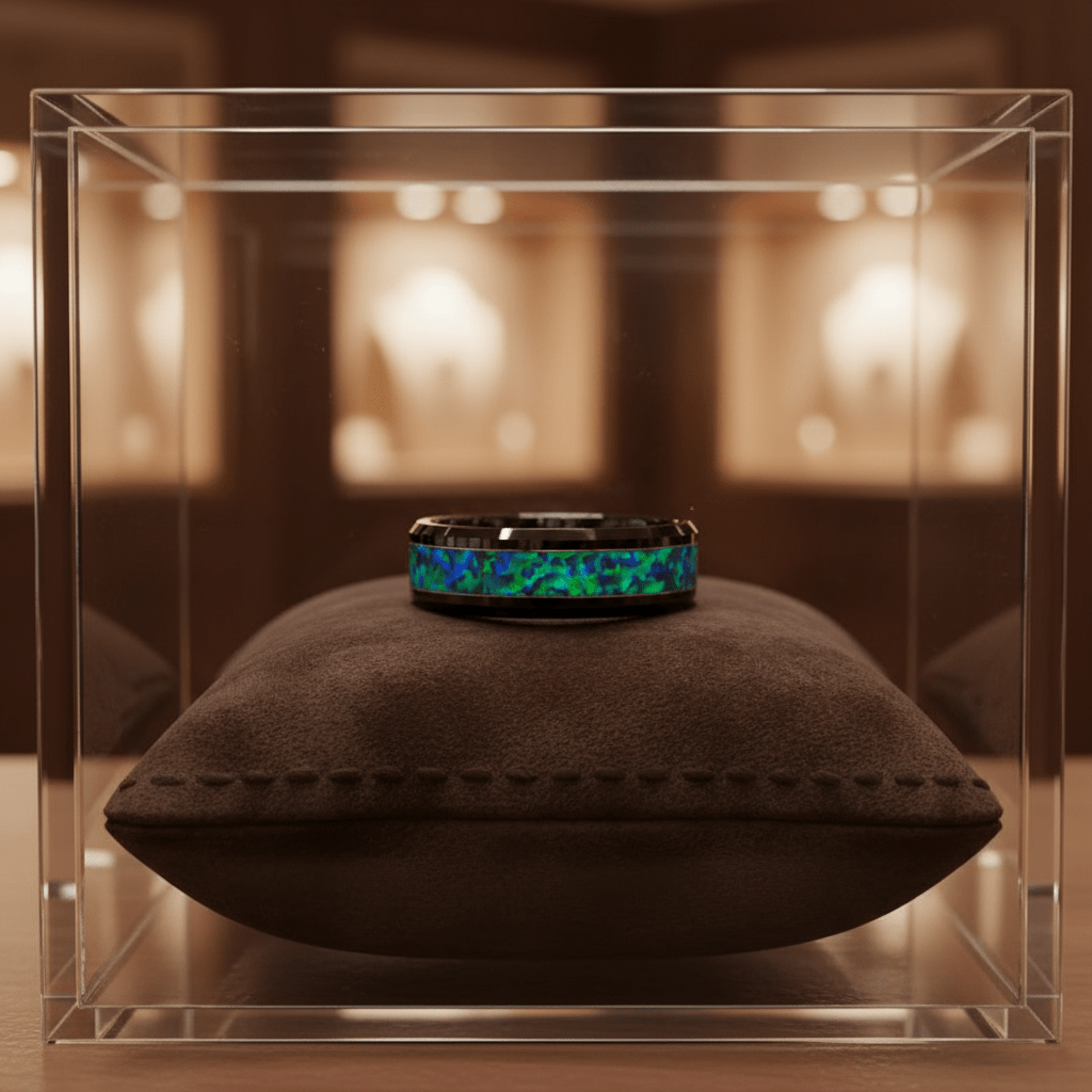 ICICLE — Premium boutique display on velvet — men's tungsten wedding ring.