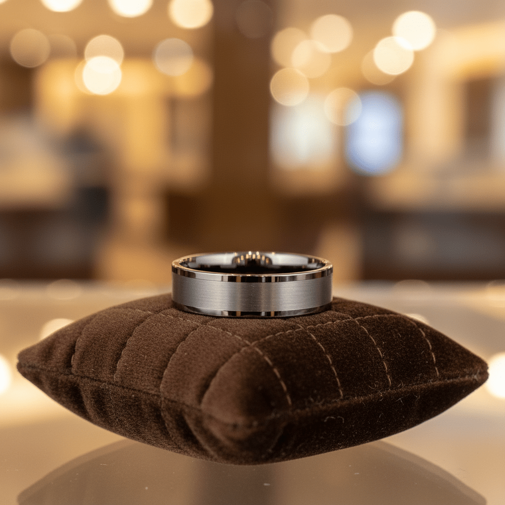 IGNITION — Premium boutique display on velvet — men's tungsten wedding ring.