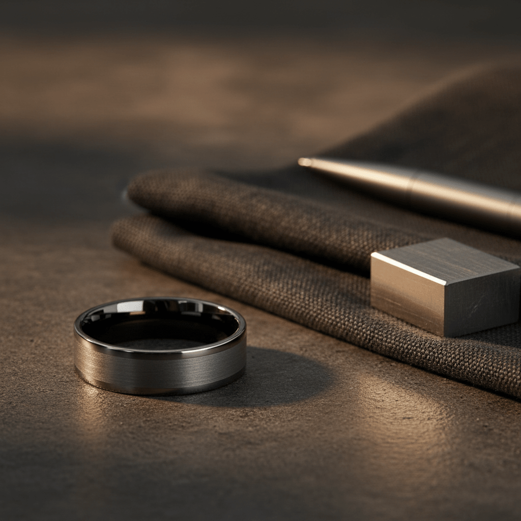 IGNITION — Editorial masculine still life — men's tungsten wedding ring.