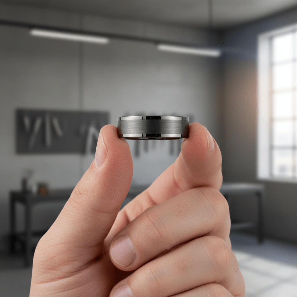 IGNITION — Held between fingers close-up — men's tungsten wedding ring.