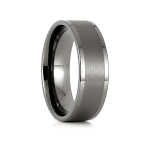 IGNITION gunmetal tungsten wedding ring with brushed center and pipe-cut flat edges - front view