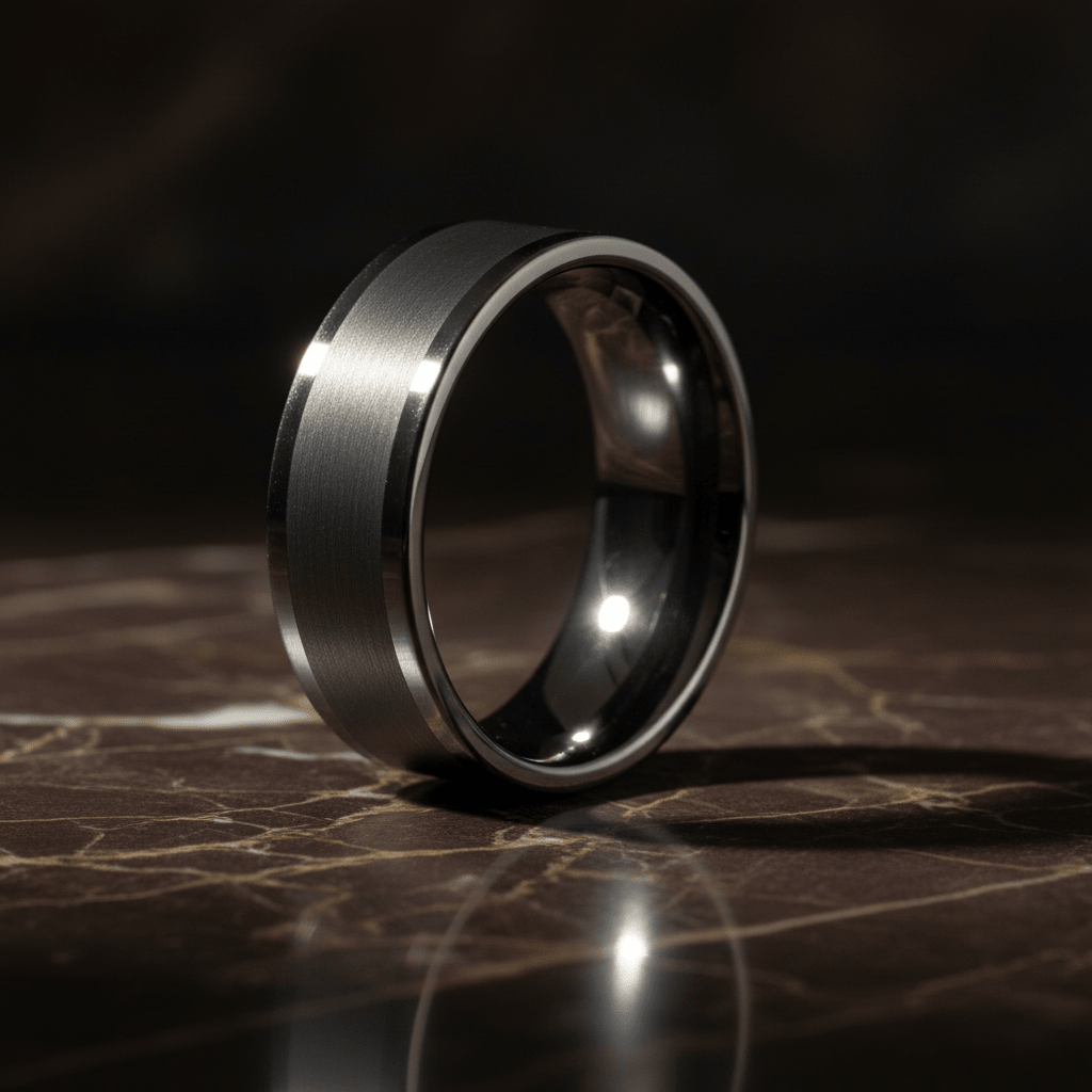 IGNITION — Luxury 3/4 angle on dark marble — men's tungsten wedding ring.