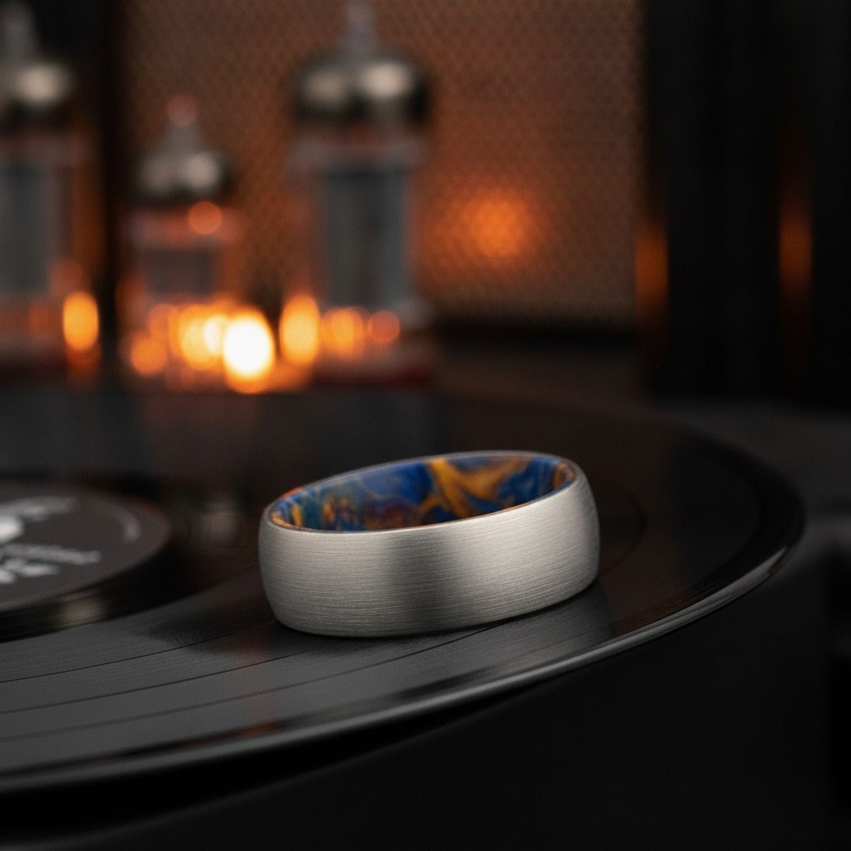 Aydins IMAGINATION | Tungsten Blue Yellow Wood Inlay Ring lifestyle scene, vinyl record amp