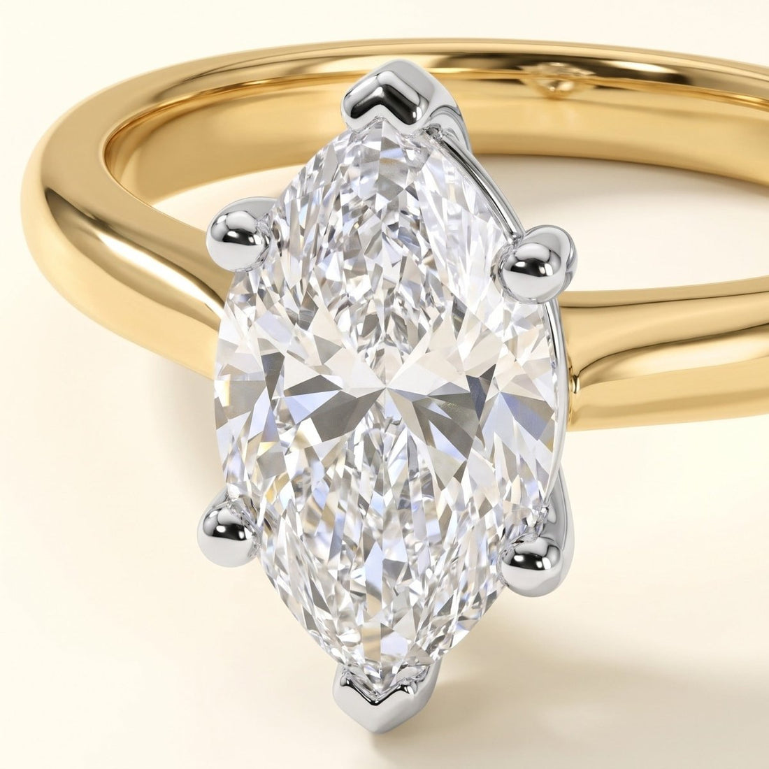 IMOGEN marquise lab-grown diamond ring in 10K two-tone gold, setting close-up, approx. 1 ct center