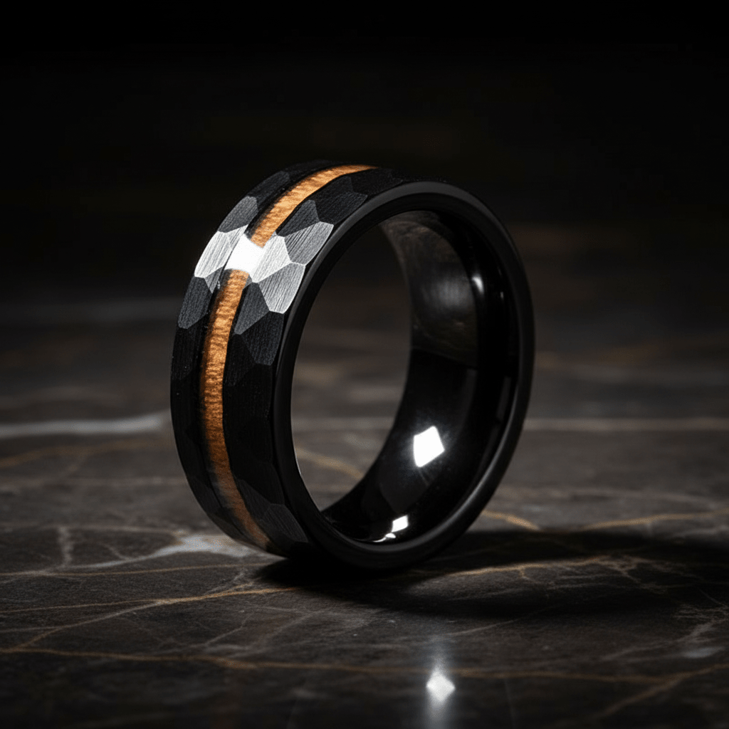 INFERNAL — Luxury 3/4 angle on dark marble — men's tungsten wedding ring.