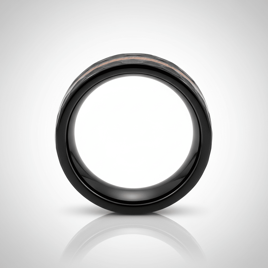 INFERNAL — Center-through axial view — men's tungsten wedding ring.