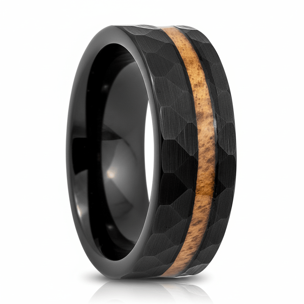 INFERNAL — Hero product shot — men's tungsten wedding ring.