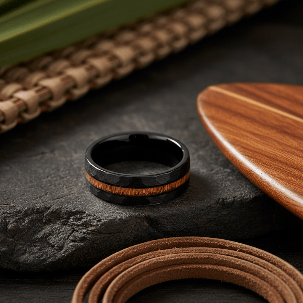 INFERNAL — Editorial masculine still life — men's tungsten wedding ring.