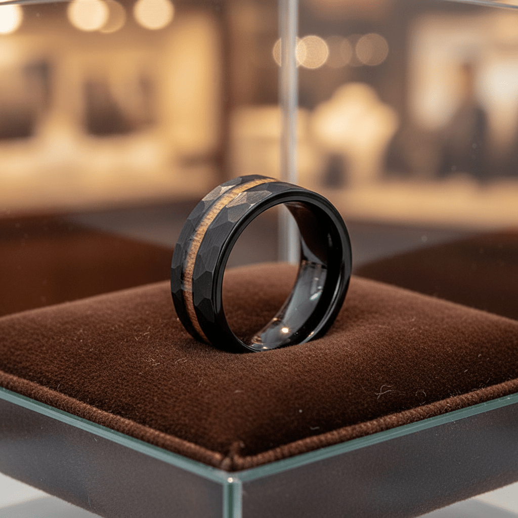 INFERNAL — Premium boutique display on velvet — men's tungsten wedding ring.