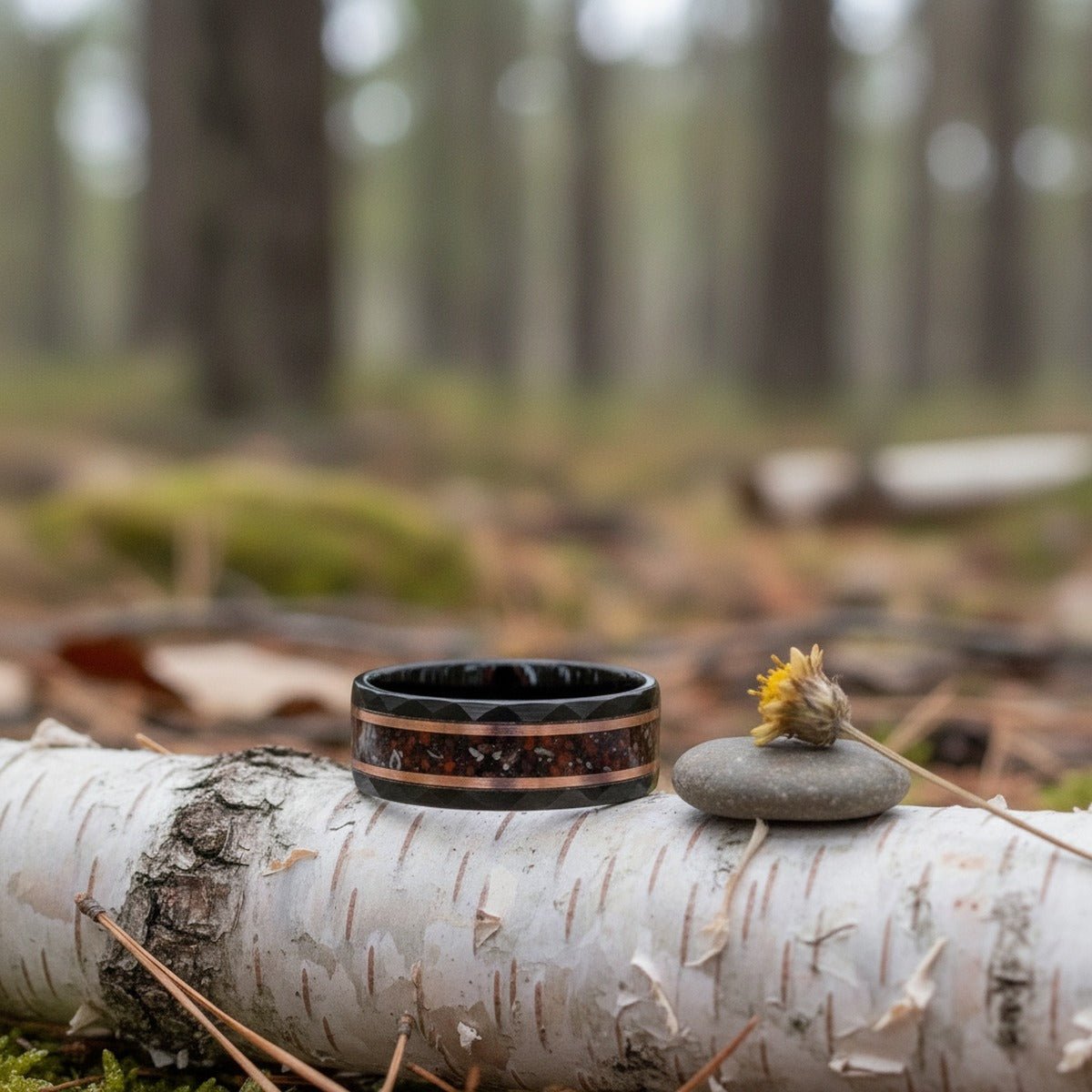Aydins INFERNO | Black Tungsten Ring, Hammered, Dinosaur & Meteorite Inlay lifestyle scene, river birch bark