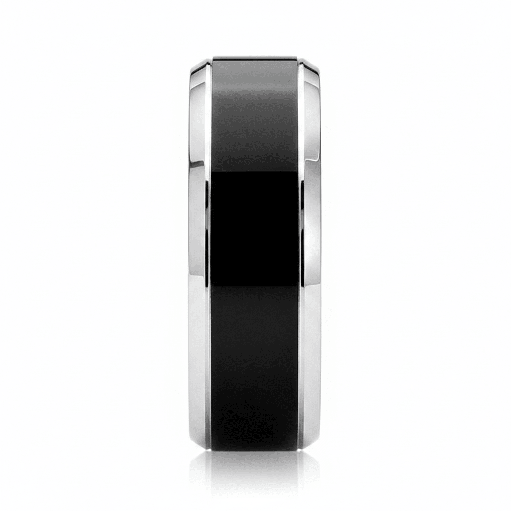 INFERNO — angled view — men's tungsten carbide wedding ring | Aydins Jewelry