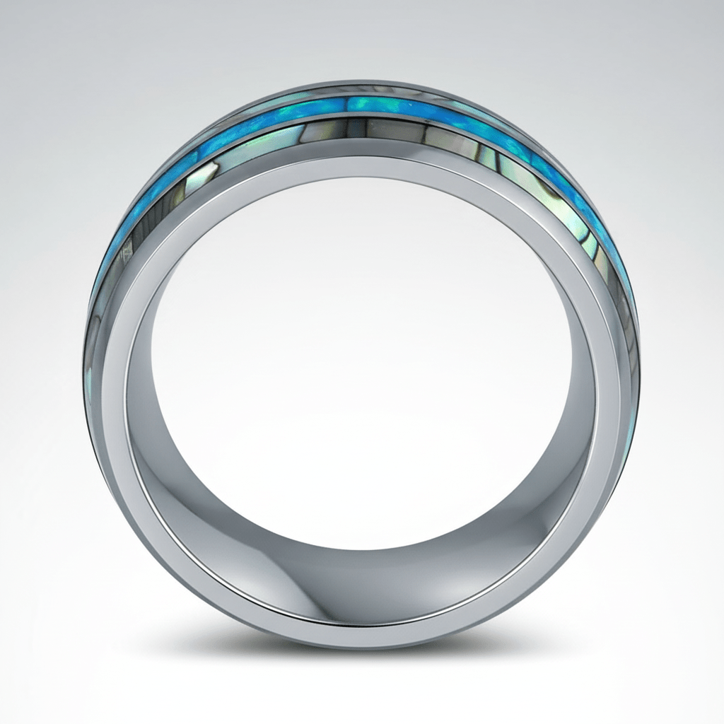 IRIDIAN — Center-through axial view — men's tungsten wedding ring.