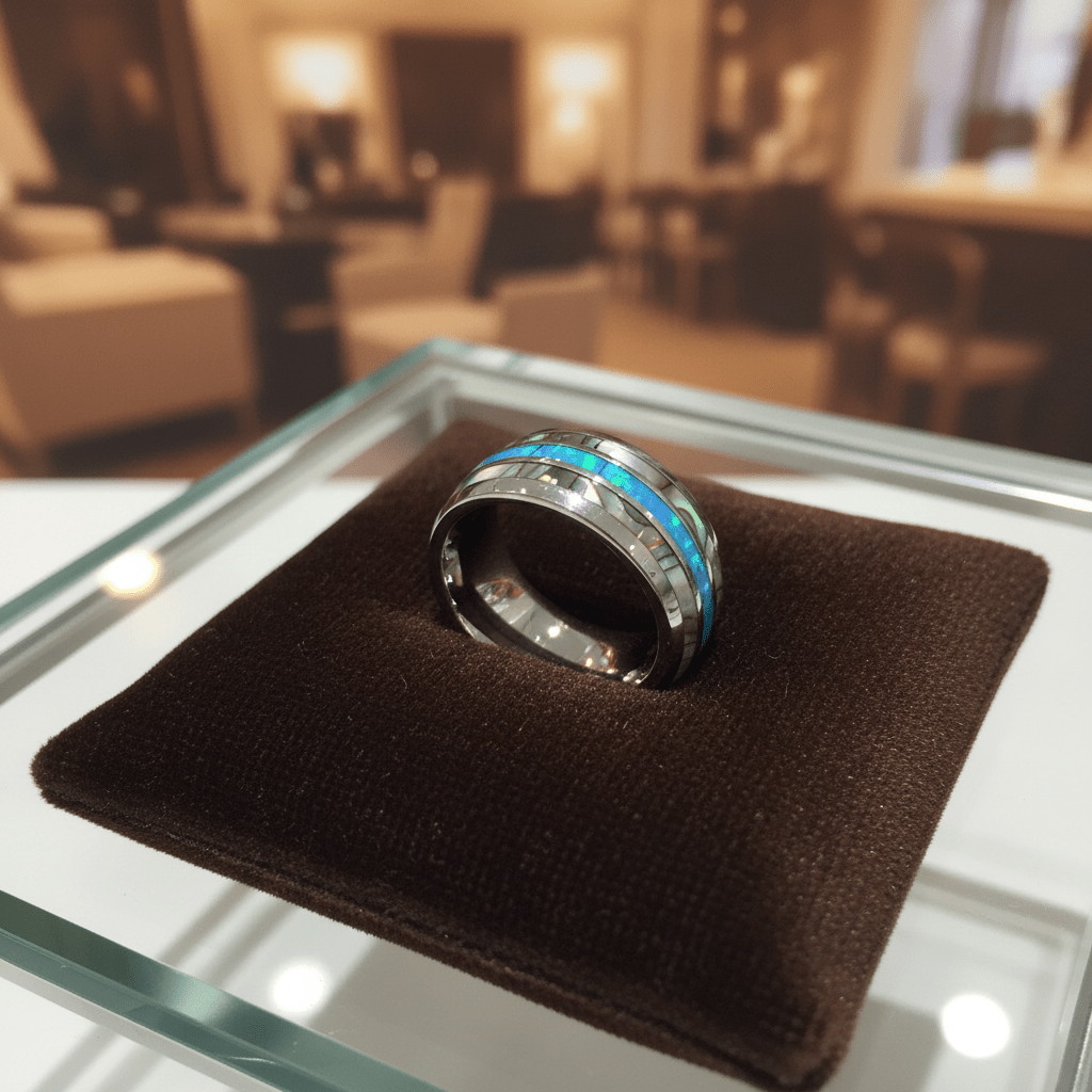 IRIDIAN — Premium boutique display on velvet — men's tungsten wedding ring.