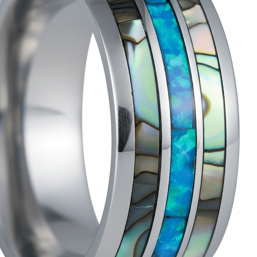 IRIDIAN — Extreme macro detail — men's tungsten wedding ring.