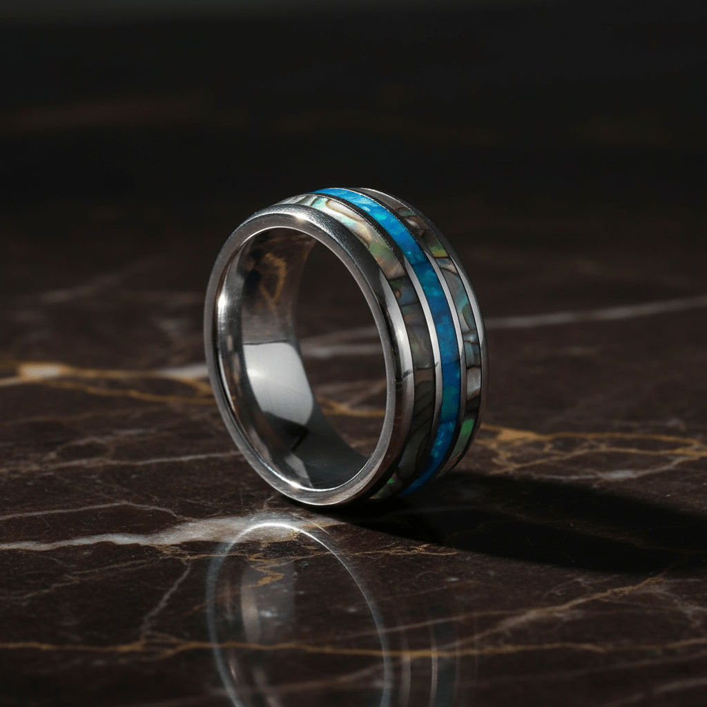 IRIDIAN — Luxury 3/4 angle on dark marble — men's tungsten wedding ring.