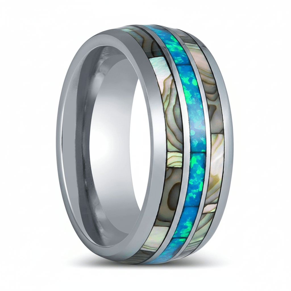 IRIDIAN — Hero product shot — men's tungsten wedding ring.