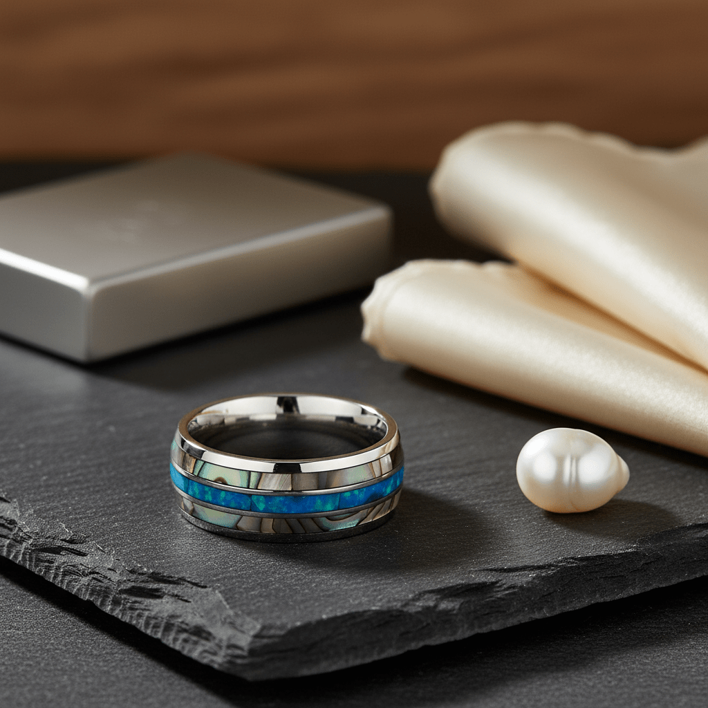 IRIDIAN — Editorial masculine still life — men's tungsten wedding ring.