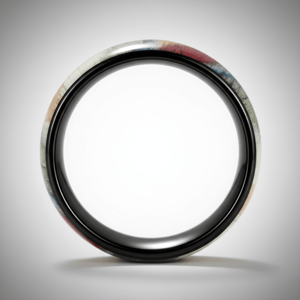IRONBARK — Center-through axial view — men's tungsten wedding ring.
