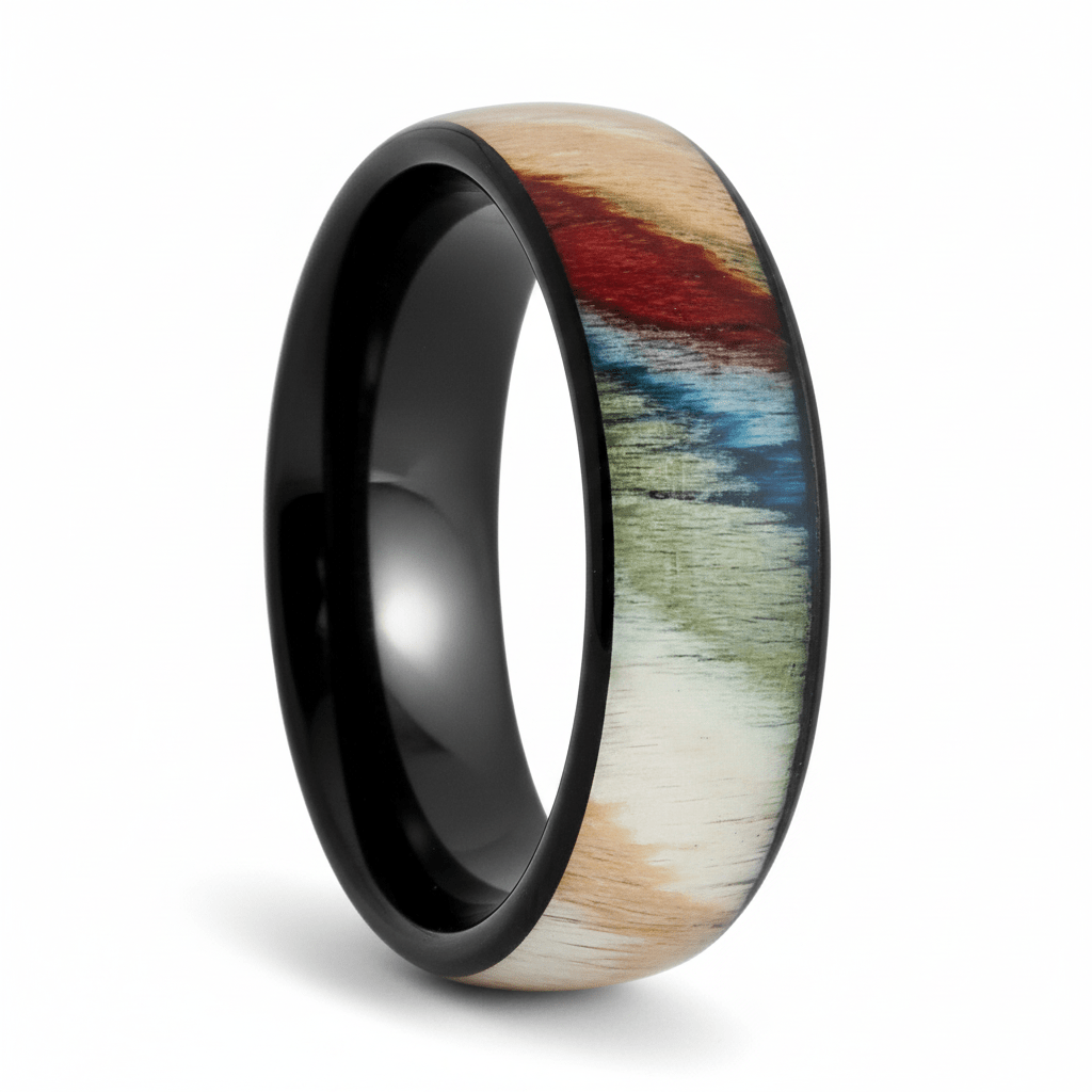 IRONBARK — Hero product shot — men's tungsten wedding ring.