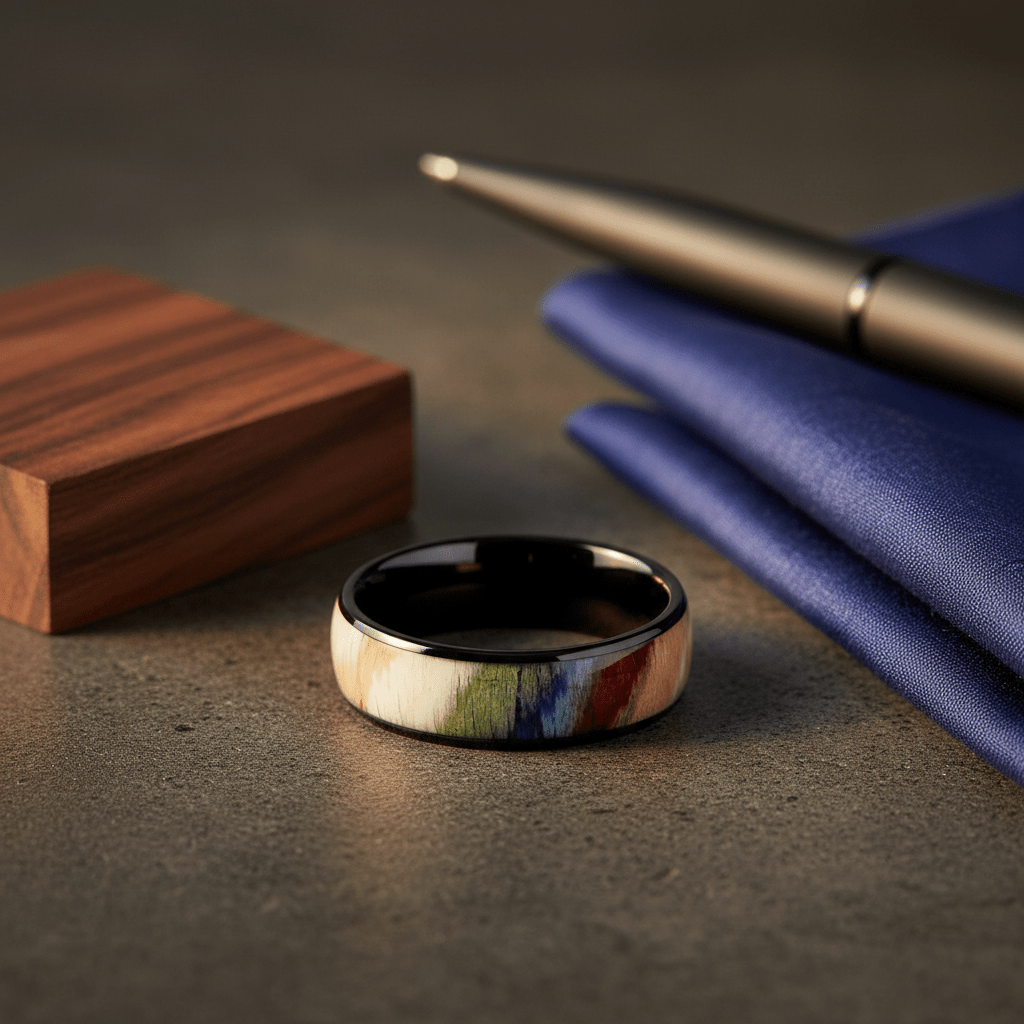 IRONBARK — Editorial masculine still life — men's tungsten wedding ring.