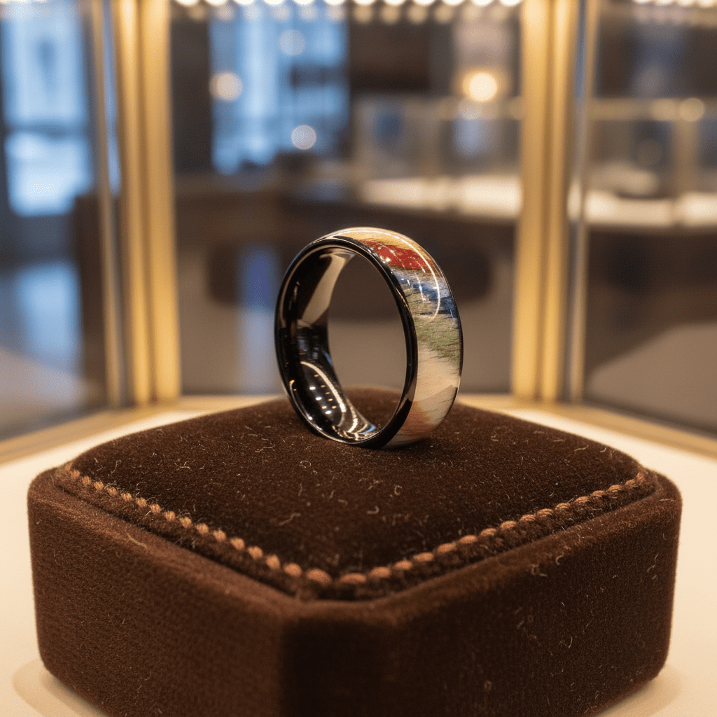 IRONBARK — Premium boutique display on velvet — men's tungsten wedding ring.