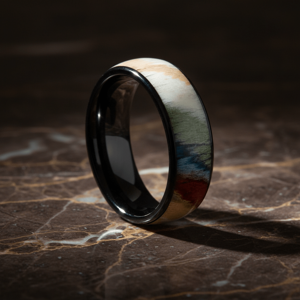 IRONBARK — Luxury 3/4 angle on dark marble — men's tungsten wedding ring.