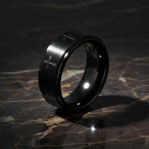 IRONLANCE black tungsten cross ring luxury 3/4 angle on dark marble