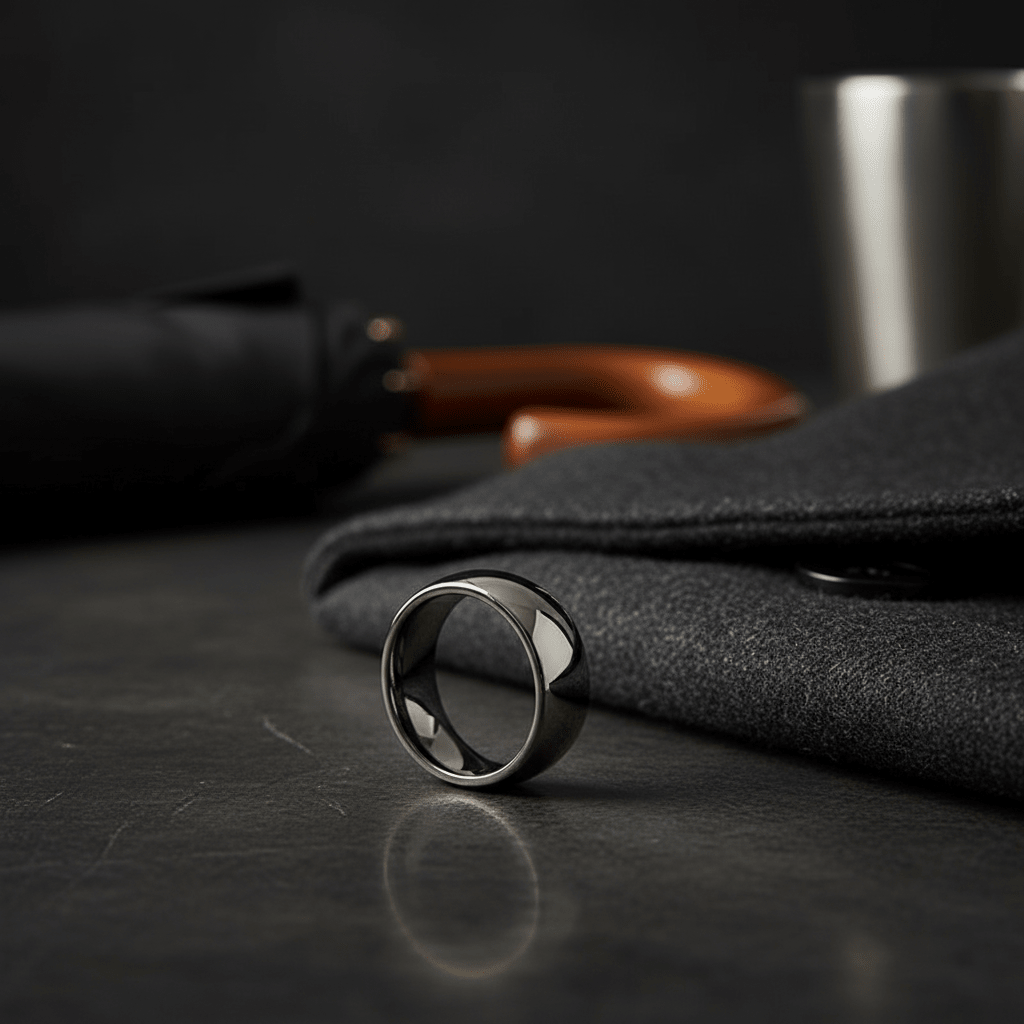 IVORY — Editorial masculine still life — men's tungsten wedding ring.