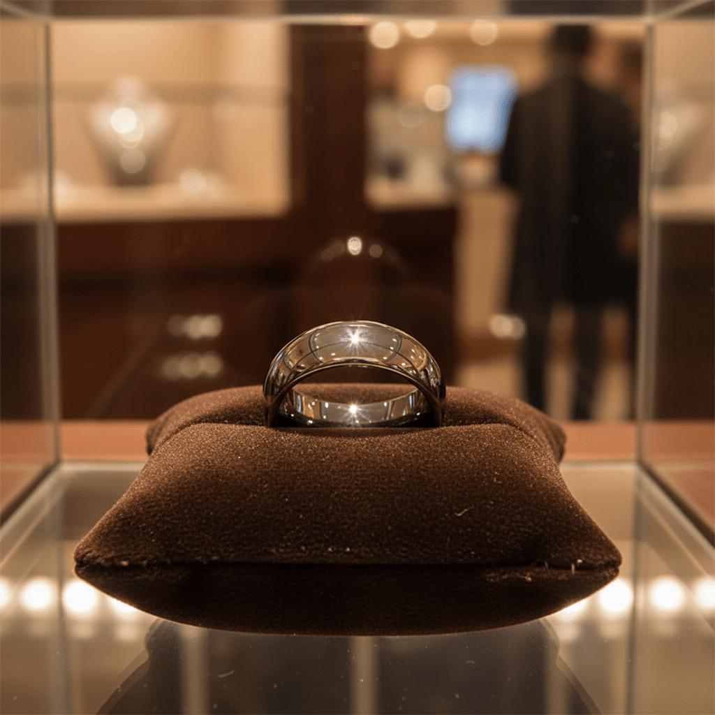 IVORY — Premium boutique display on velvet — men's tungsten wedding ring.