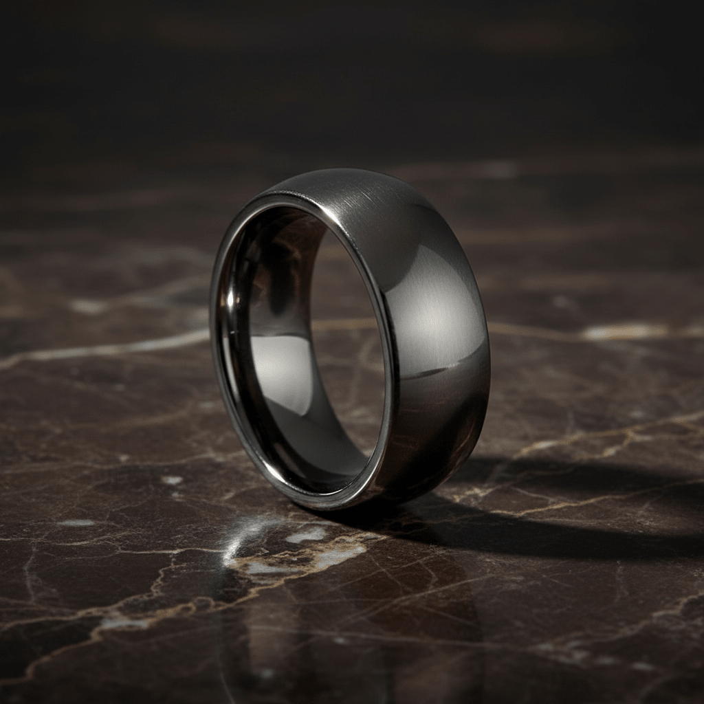 IVORY — Luxury 3/4 angle on dark marble — men's tungsten wedding ring.