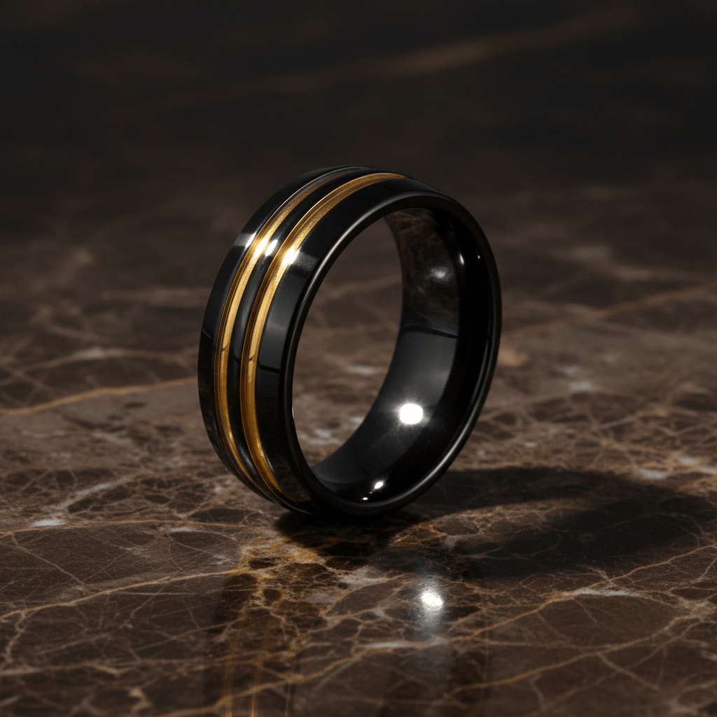 JAUCA — Luxury 3/4 angle on dark marble — men's tungsten wedding ring.