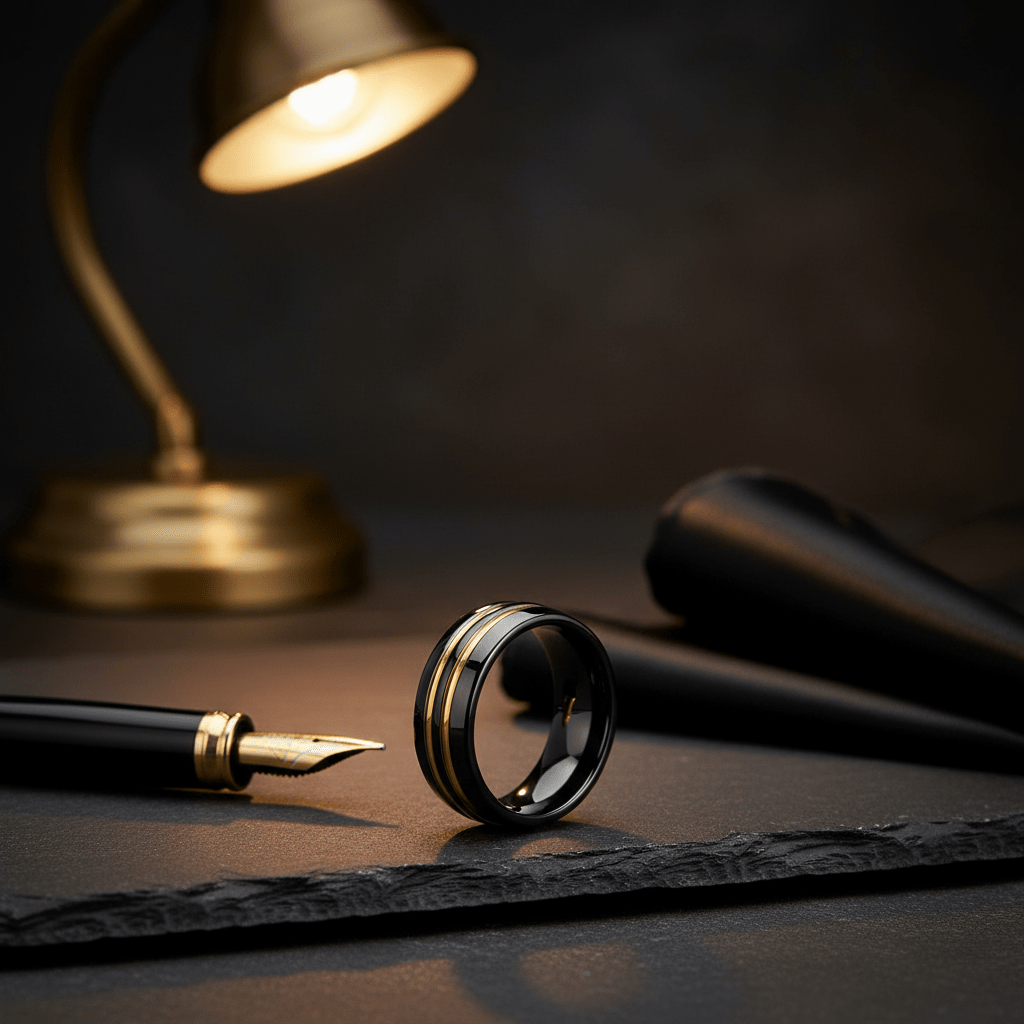 JAUCA — Editorial masculine still life — men's tungsten wedding ring.