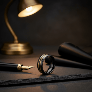 JAUCA — Editorial masculine still life — men's tungsten wedding ring.