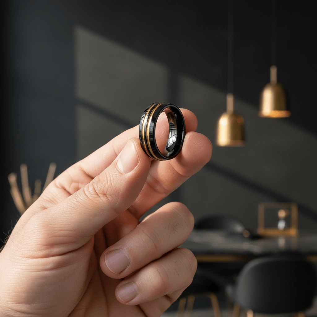 JAUCA — Held between fingers close-up — men's tungsten wedding ring.