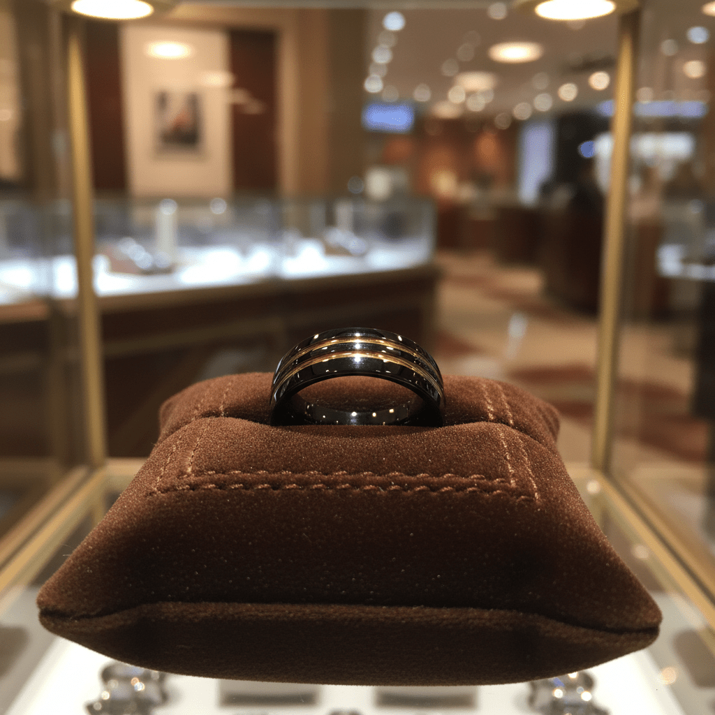 JAUCA — Premium boutique display on velvet — men's tungsten wedding ring.