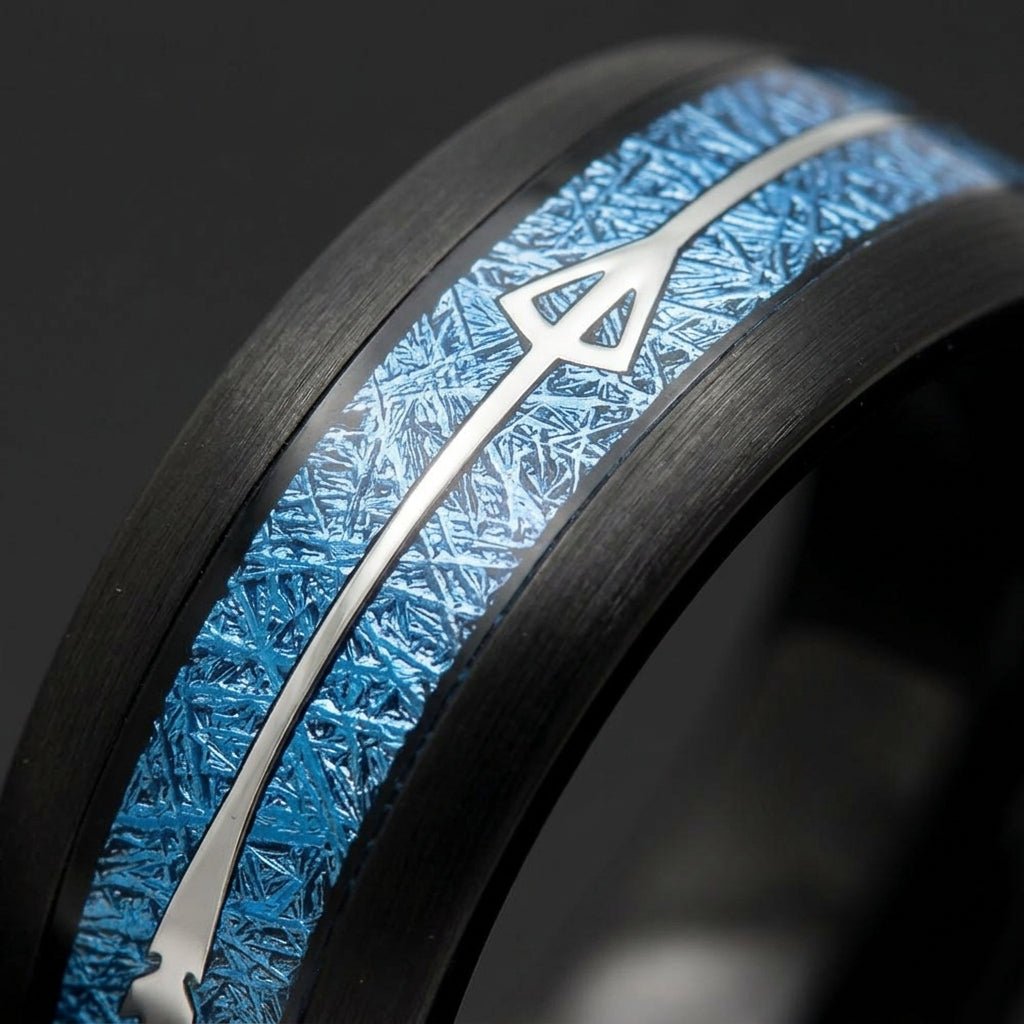 HALCYON macro detail: blue meteorite inlay texture and silver arrow accent