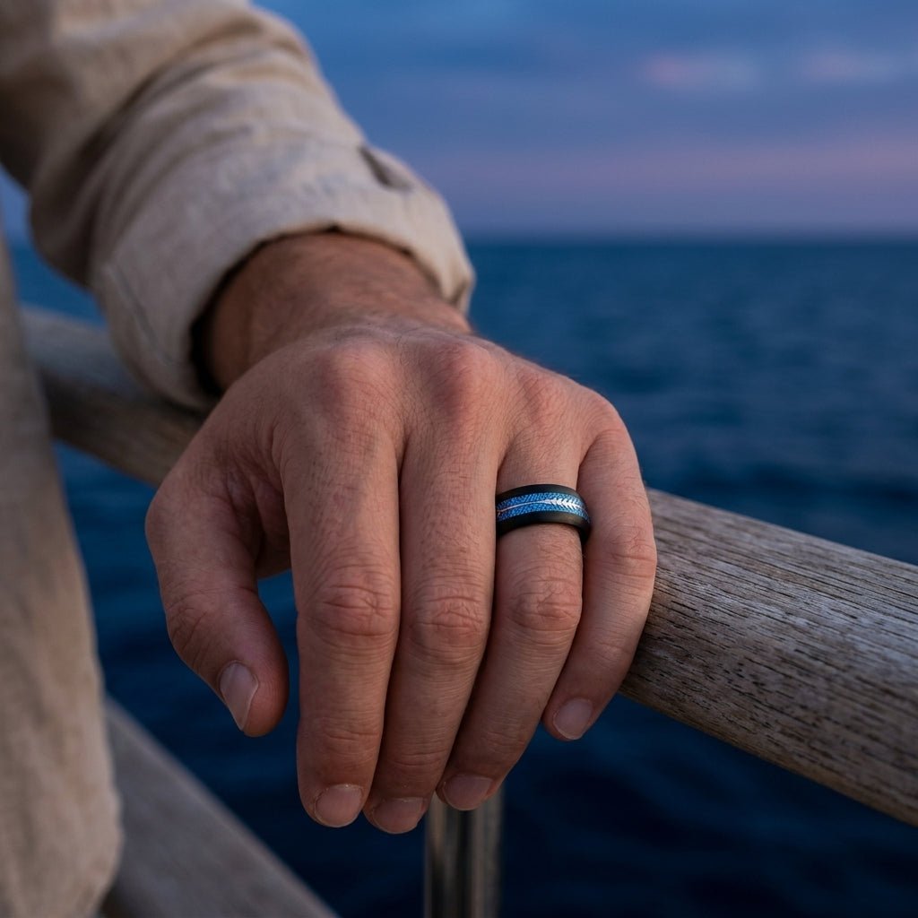HALCYON ring worn on man's hand, yacht deck lifestyle scene