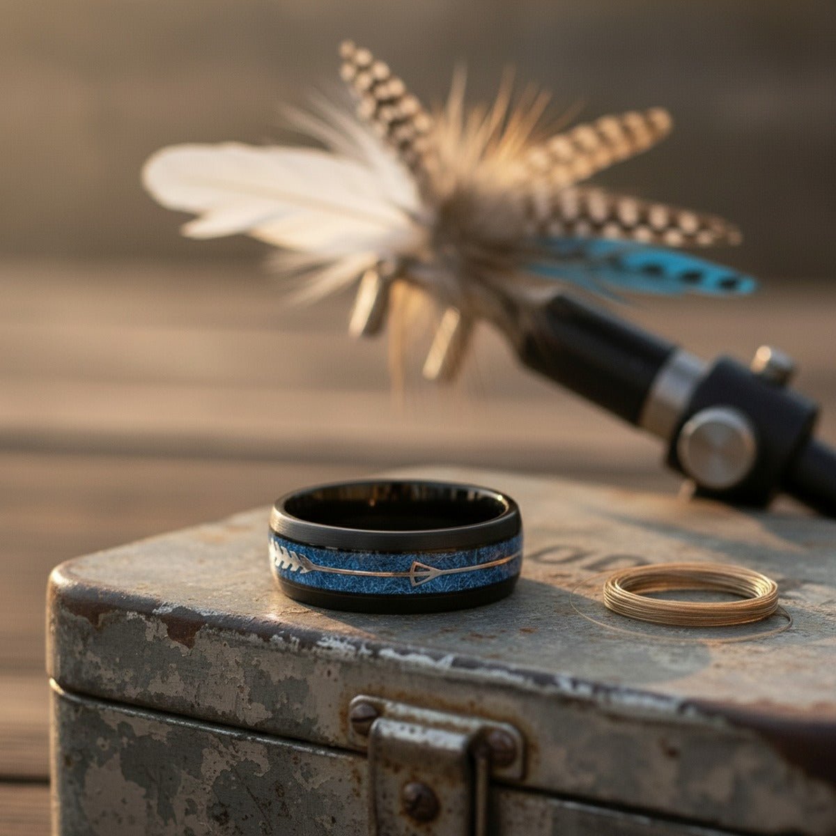 HALCYON black tungsten ring with blue meteorite arrow inlay, fly fishing dock lifestyle scene