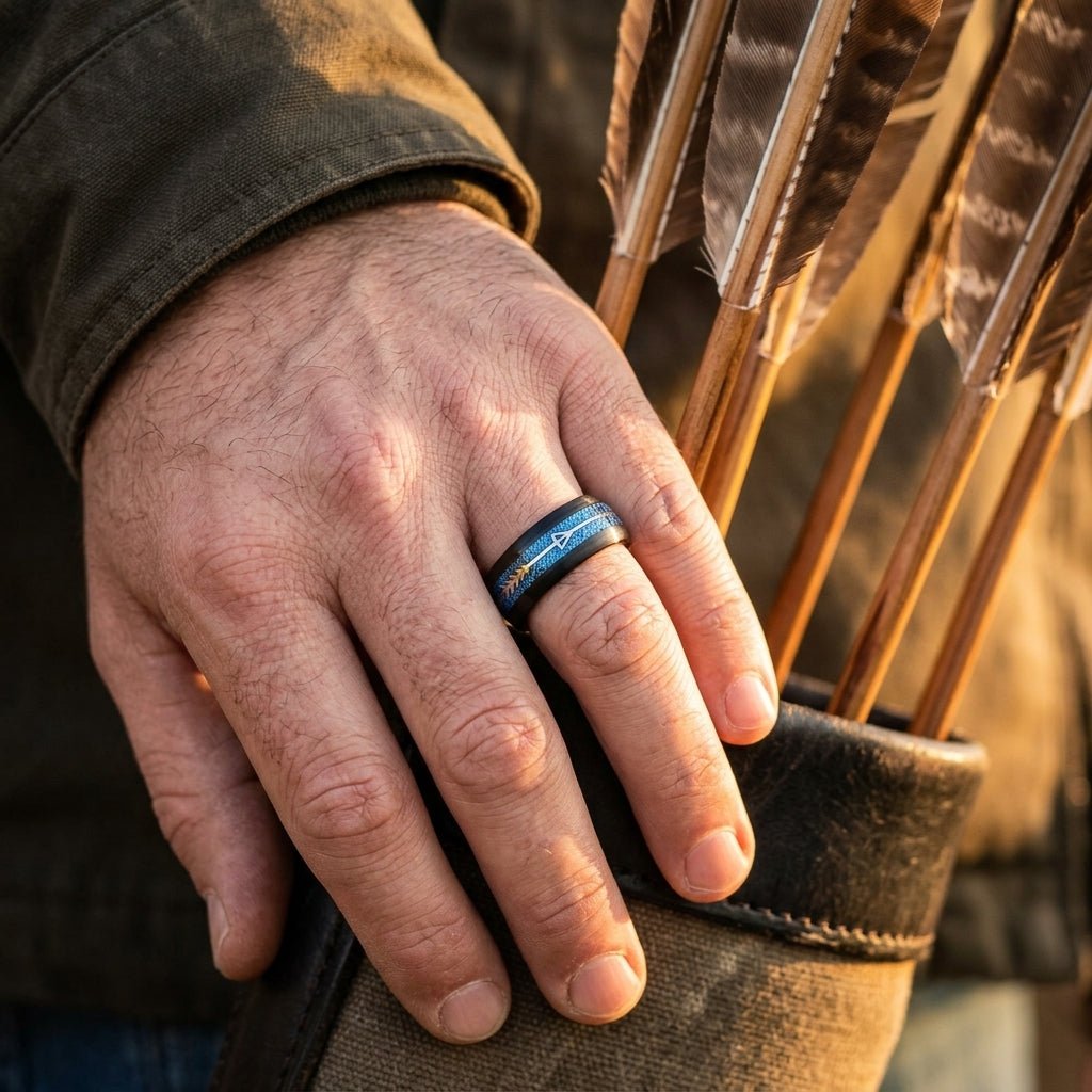 HALCYON ring worn on man's ring finger, archery quiver outdoor lifestyle