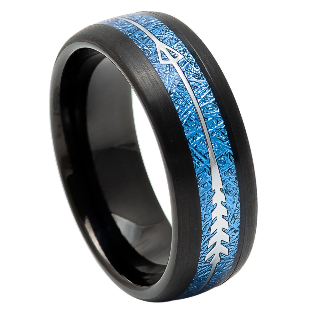 HALCYON black tungsten wedding band with blue meteorite inlay and silver arrow accent, 8mm
