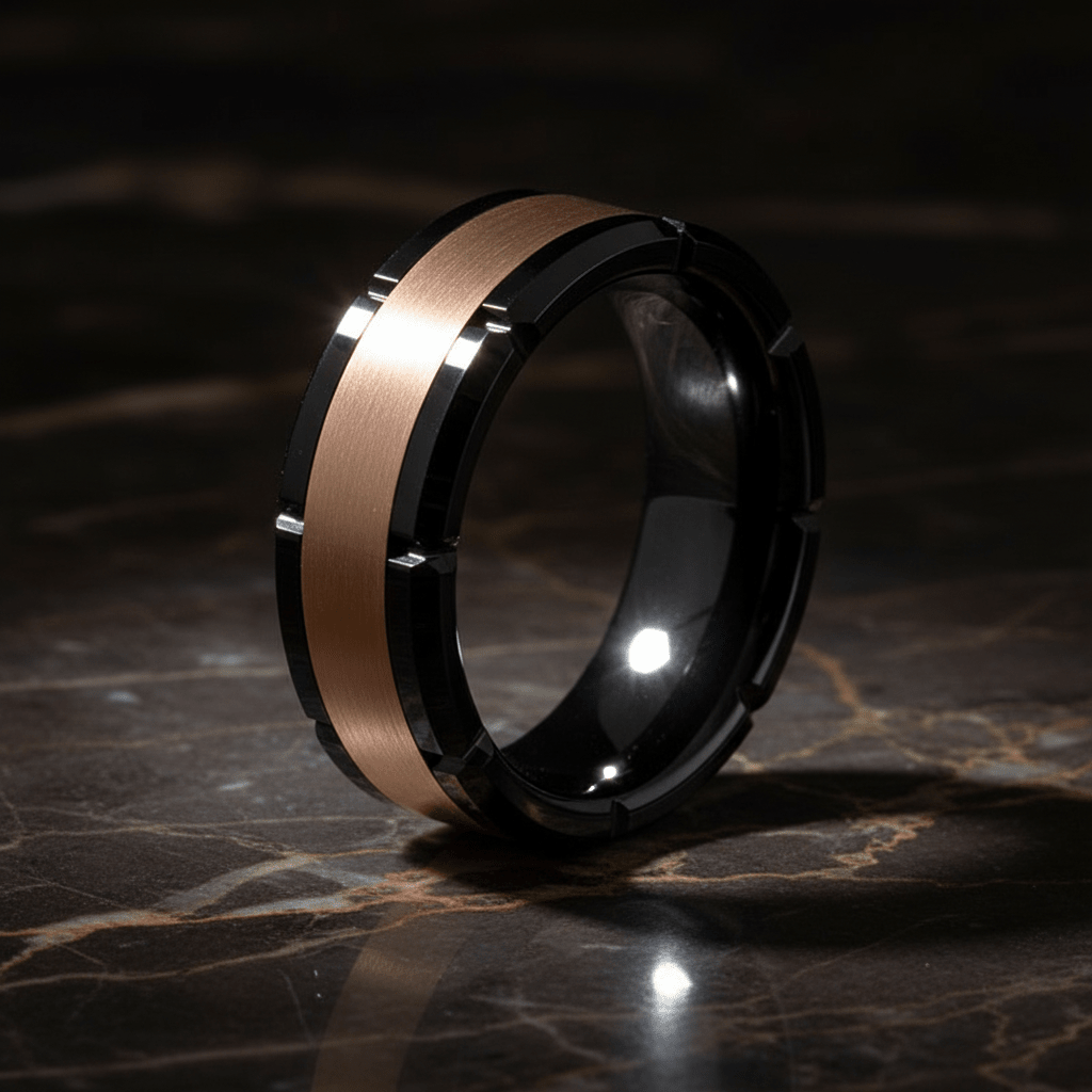 JOLT — Luxury 3/4 angle on dark marble — men's tungsten wedding ring.