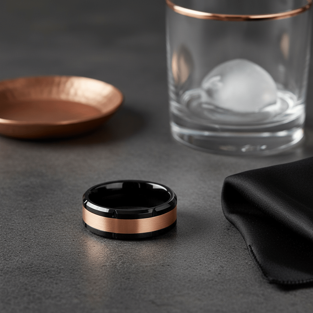 JOLT — Editorial masculine still life — men's tungsten wedding ring.