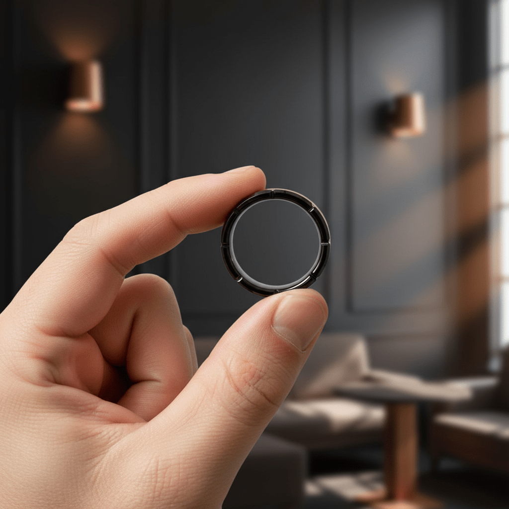 JOLT — Held between fingers close-up — men's tungsten wedding ring.
