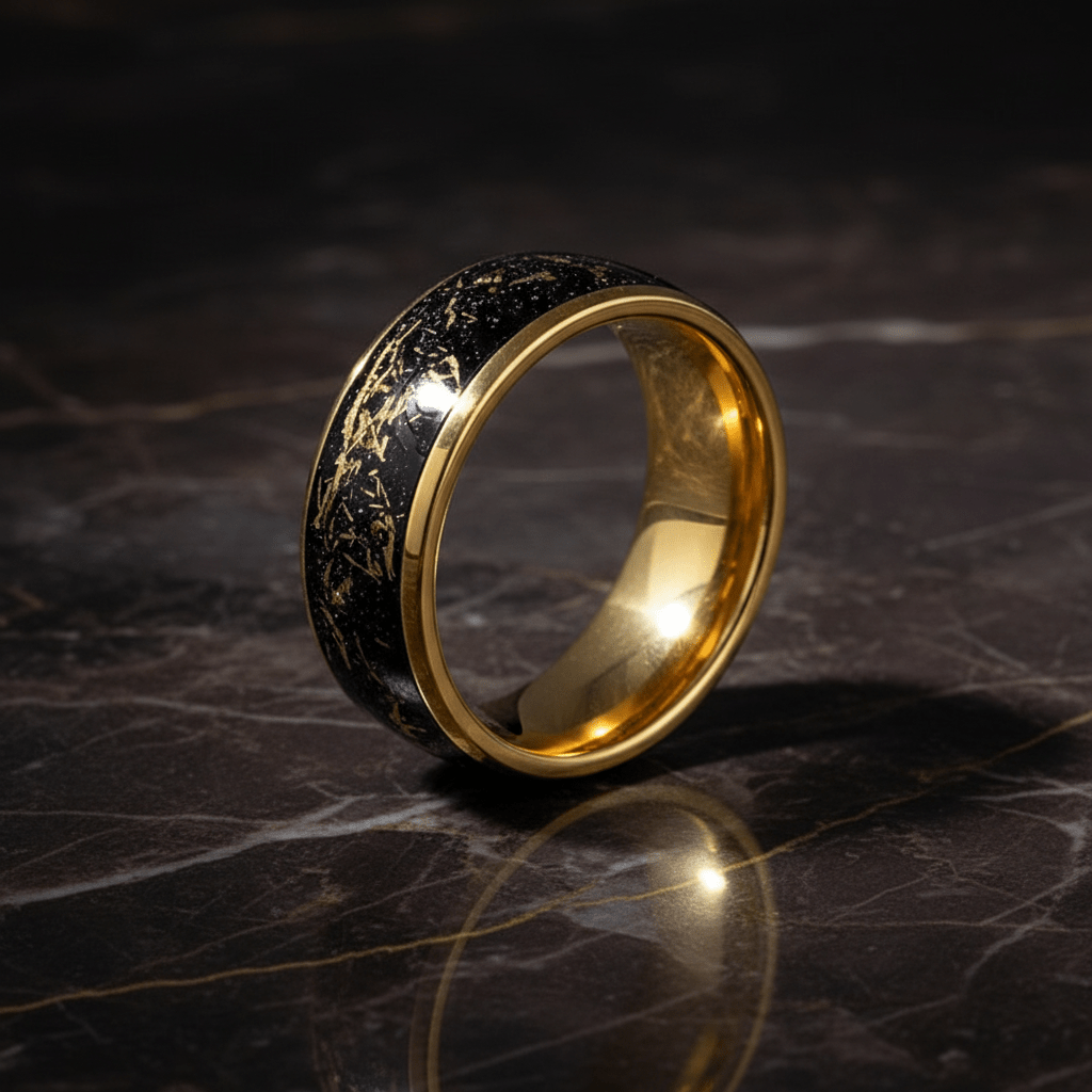 JOVIAN — Luxury 3/4 angle on dark marble — men's tungsten wedding ring.