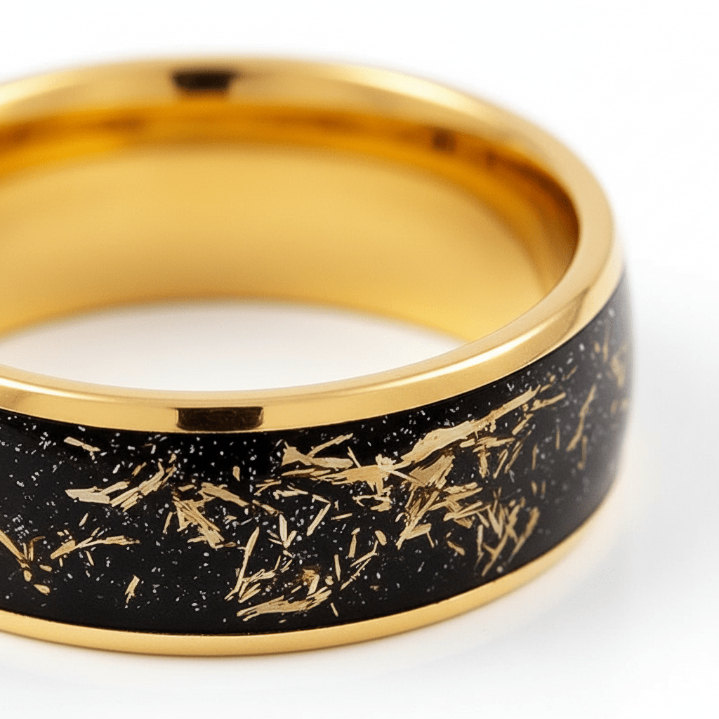 JOVIAN — Extreme macro detail — men's tungsten wedding ring.