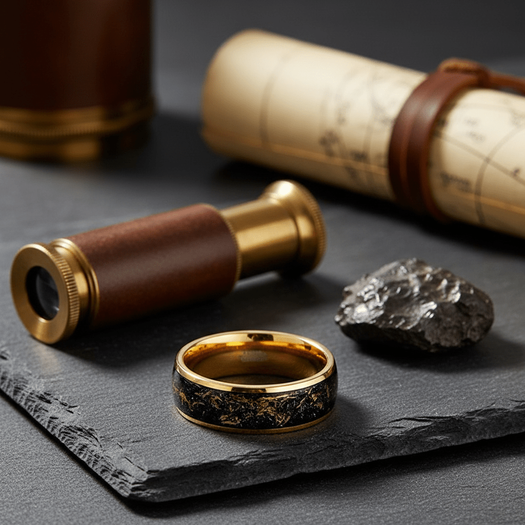 JOVIAN — Editorial masculine still life — men's tungsten wedding ring.