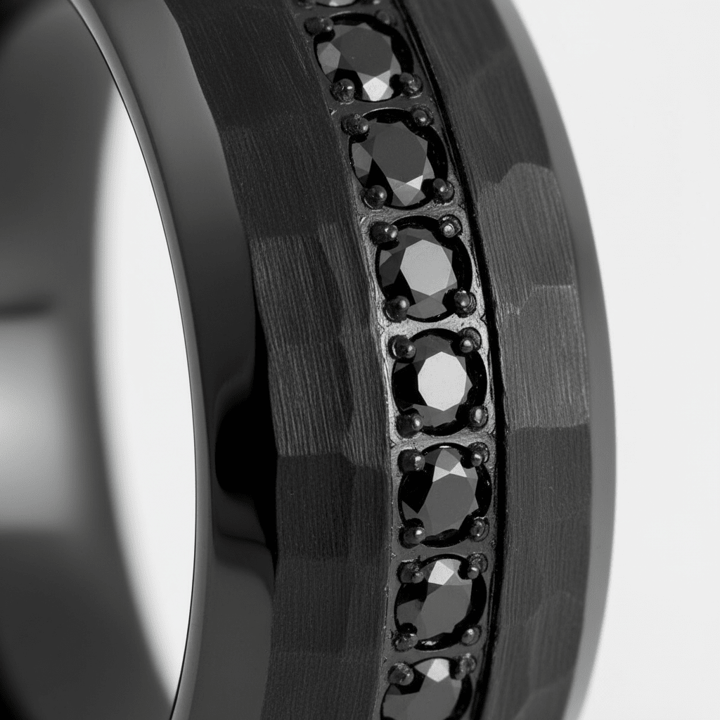 JUNCOS — Extreme macro detail — men's tungsten wedding ring.