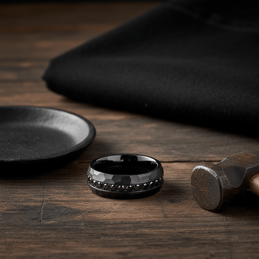 JUNCOS — Editorial masculine still life — men's tungsten wedding ring.