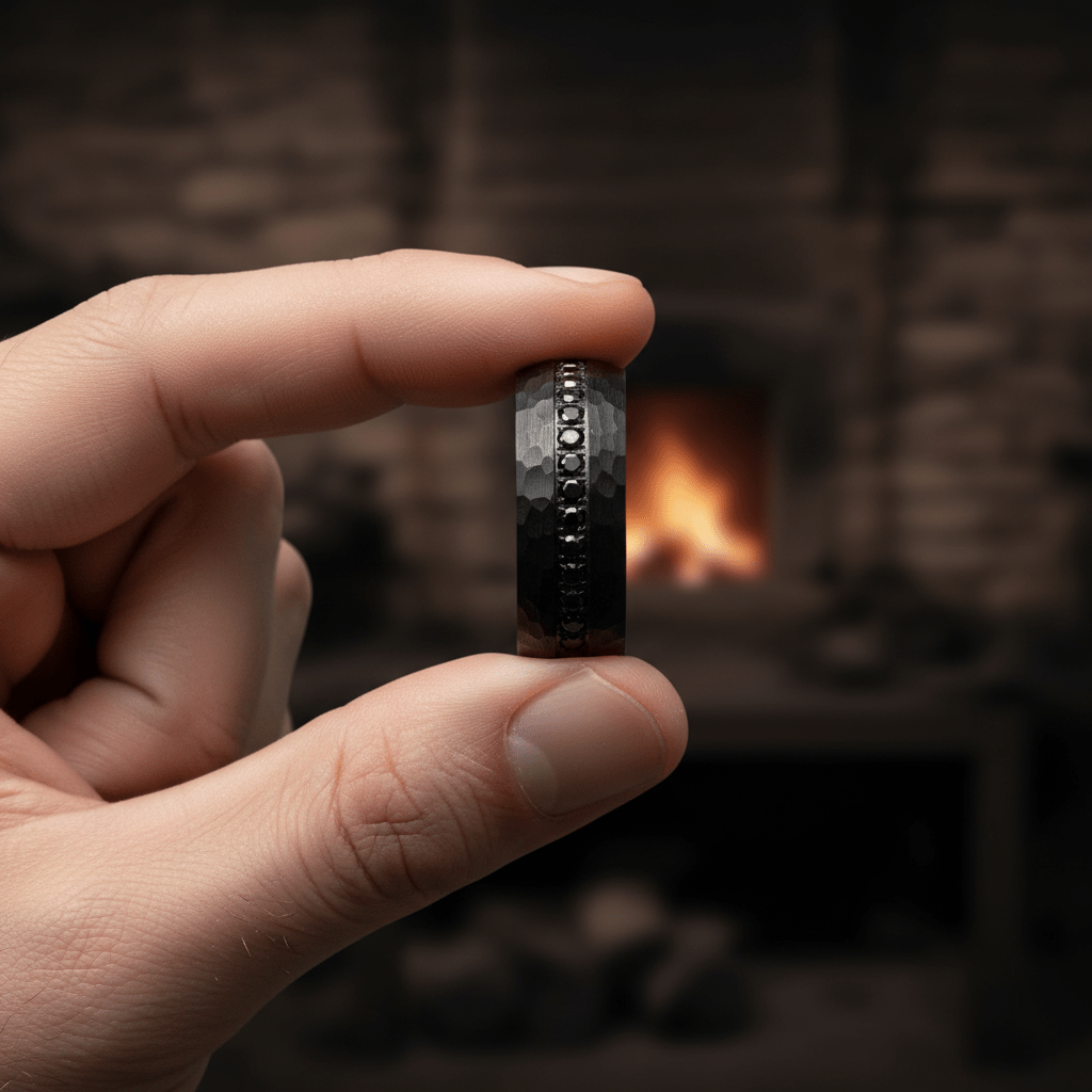 JUNCOS — Held between fingers close-up — men's tungsten wedding ring.